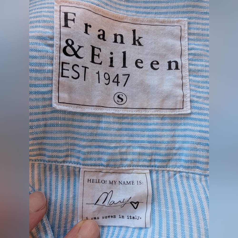Frank & Eileen Mary Button Up Shirt Dress Italian Linen Small Blue Pinstripe EUC - Picture 3 of 6